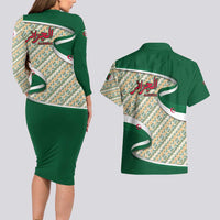 Algeria Couples Matching Long Sleeve Bodycon Dress and Hawaiian Shirt with Arabic Calligraphy and Traditional Pattern Design