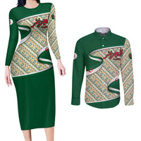 Algeria Couples Matching Long Sleeve Bodycon Dress and Long Sleeve Button Shirt with Arabic Calligraphy and Traditional Pattern Design