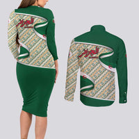 Algeria Couples Matching Long Sleeve Bodycon Dress and Long Sleeve Button Shirt with Arabic Calligraphy and Traditional Pattern Design