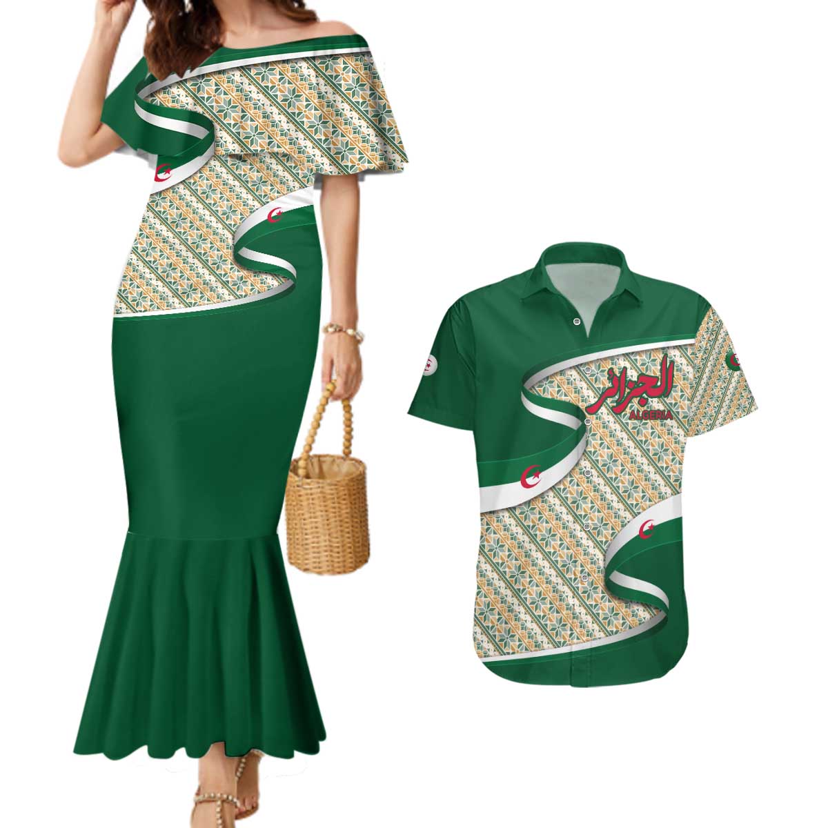 Algeria Couples Matching Mermaid Dress and Hawaiian Shirt with Arabic Calligraphy and Traditional Pattern Design