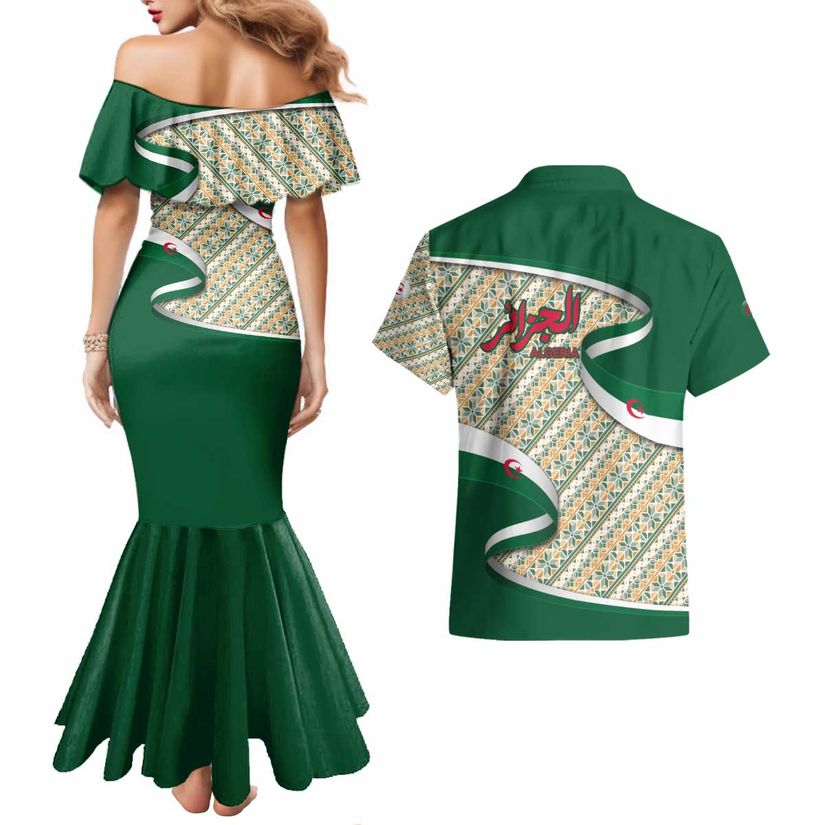Algeria Couples Matching Mermaid Dress and Hawaiian Shirt with Arabic Calligraphy and Traditional Pattern Design