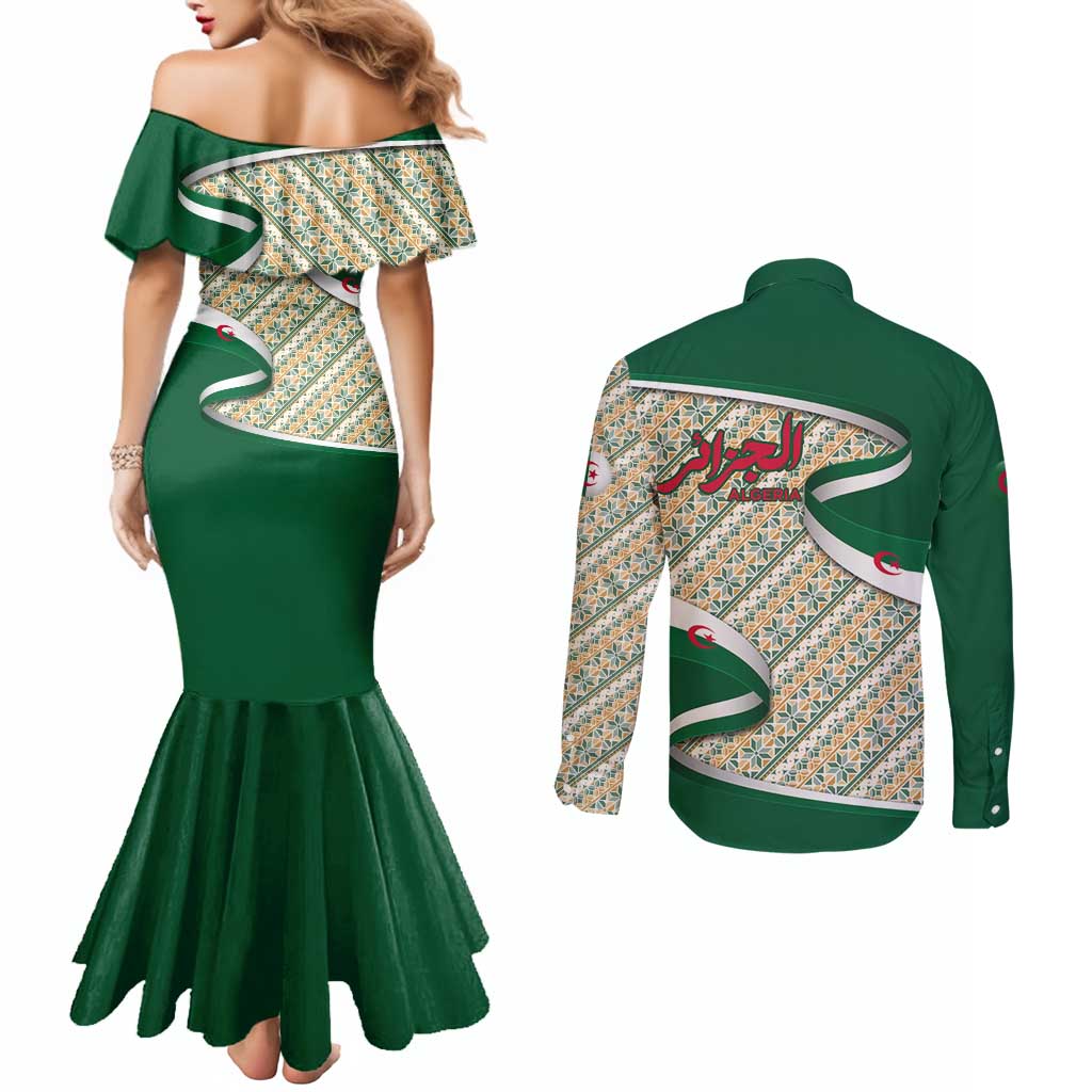 Algeria Couples Matching Mermaid Dress and Long Sleeve Button Shirt with Arabic Calligraphy and Traditional Pattern Design