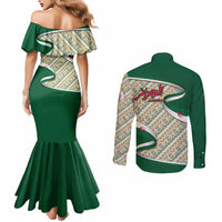 Algeria Couples Matching Mermaid Dress and Long Sleeve Button Shirt with Arabic Calligraphy and Traditional Pattern Design