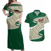 Algeria Couples Matching Off Shoulder Maxi Dress and Hawaiian Shirt with Arabic Calligraphy and Traditional Pattern Design
