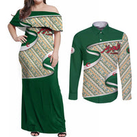 Algeria Couples Matching Off Shoulder Maxi Dress and Long Sleeve Button Shirt with Arabic Calligraphy and Traditional Pattern Design