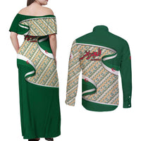Algeria Couples Matching Off Shoulder Maxi Dress and Long Sleeve Button Shirt with Arabic Calligraphy and Traditional Pattern Design