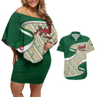 Algeria Couples Matching Off Shoulder Short Dress and Hawaiian Shirt with Arabic Calligraphy and Traditional Pattern Design