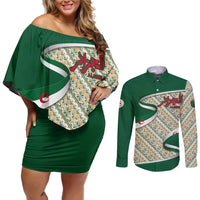 Algeria Couples Matching Off Shoulder Short Dress and Long Sleeve Button Shirt with Arabic Calligraphy and Traditional Pattern Design