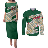Algeria Couples Matching Puletasi and Long Sleeve Button Shirt with Arabic Calligraphy and Traditional Pattern Design