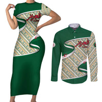 Algeria Couples Matching Short Sleeve Bodycon Dress and Long Sleeve Button Shirt with Arabic Calligraphy and Traditional Pattern Design