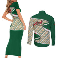 Algeria Couples Matching Short Sleeve Bodycon Dress and Long Sleeve Button Shirt with Arabic Calligraphy and Traditional Pattern Design