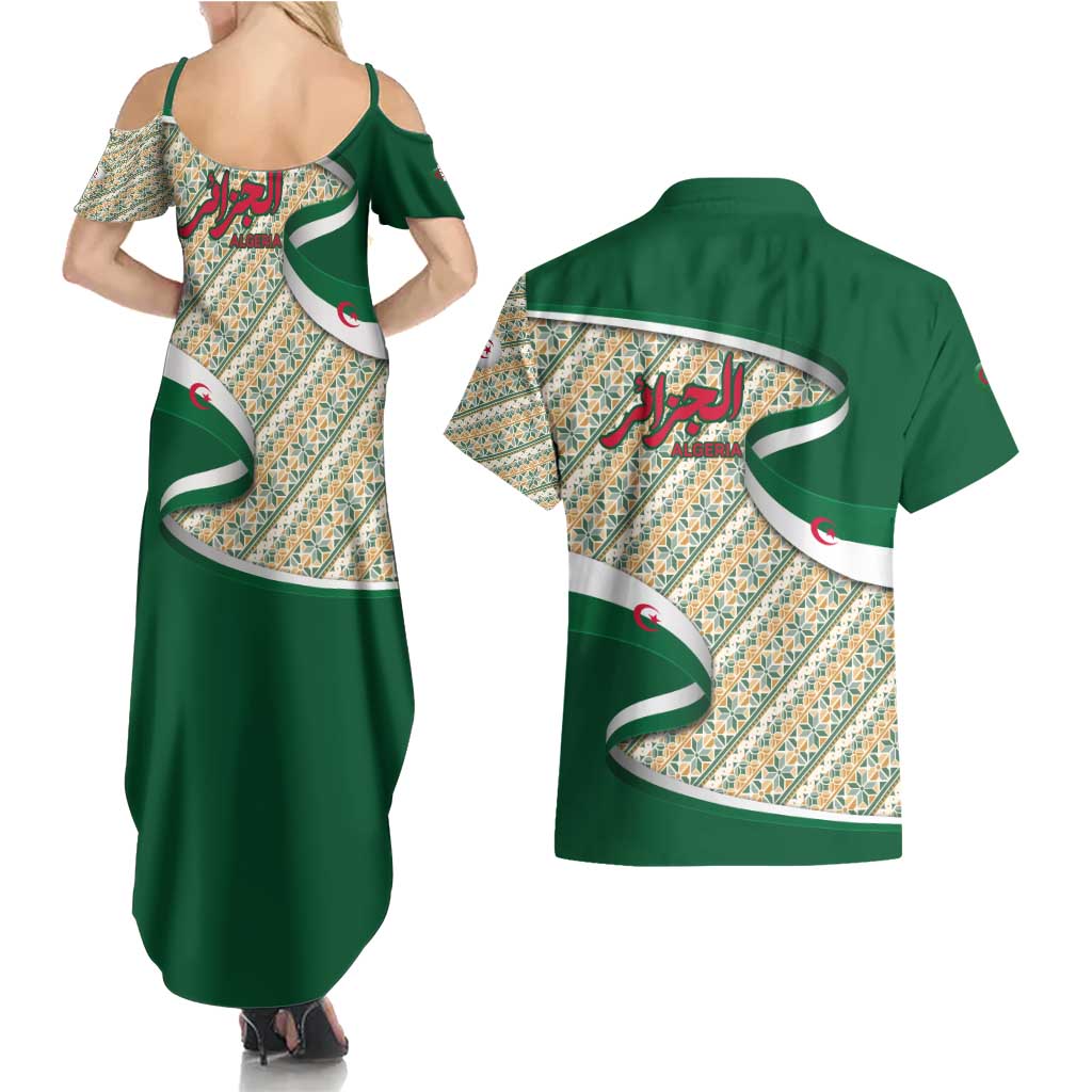 Algeria Couples Matching Summer Maxi Dress and Hawaiian Shirt with Arabic Calligraphy and Traditional Pattern Design