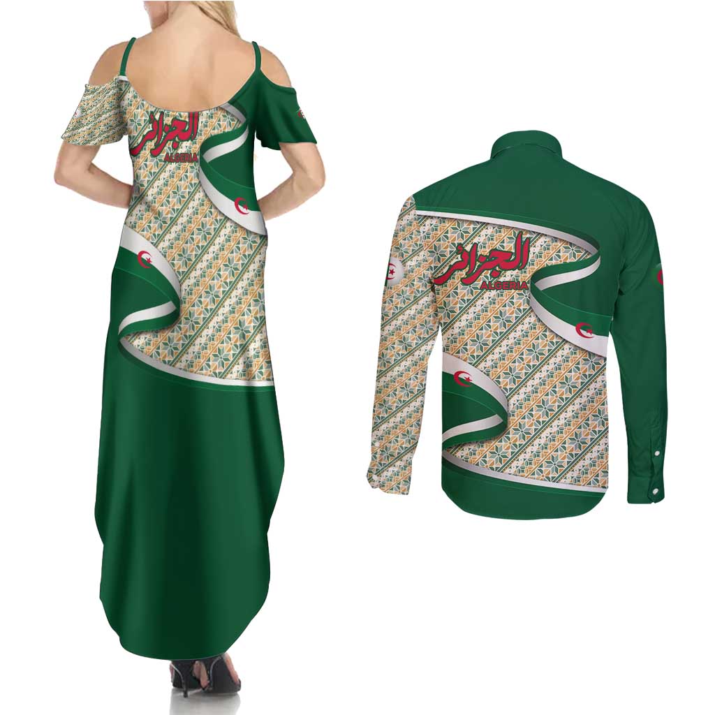 Algeria Couples Matching Summer Maxi Dress and Long Sleeve Button Shirt with Arabic Calligraphy and Traditional Pattern Design