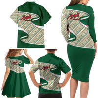 Algeria Family Matching Long Sleeve Bodycon Dress and Hawaiian Shirt with Arabic Calligraphy and Traditional Pattern Design