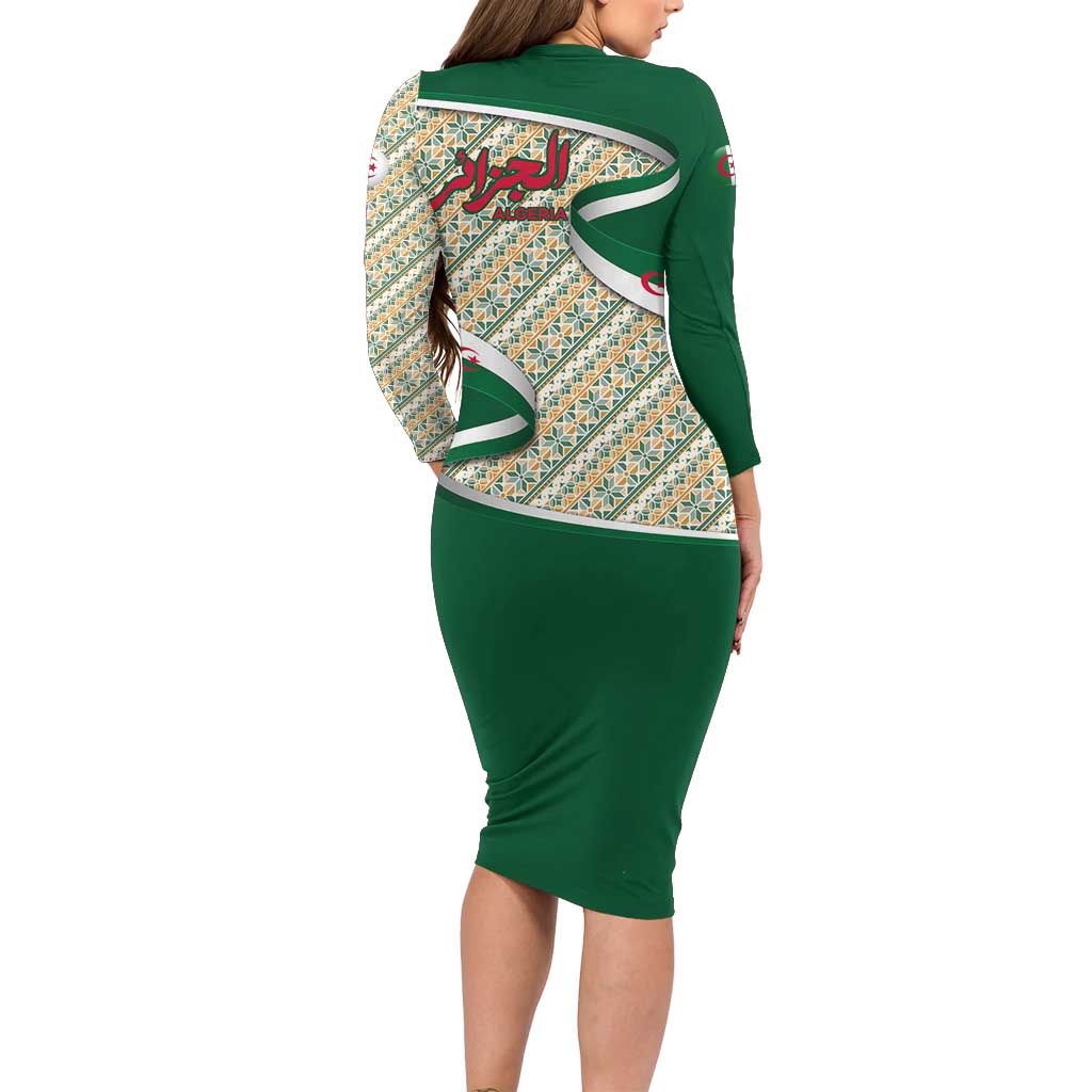 Algeria Family Matching Long Sleeve Bodycon Dress and Hawaiian Shirt with Arabic Calligraphy and Traditional Pattern Design
