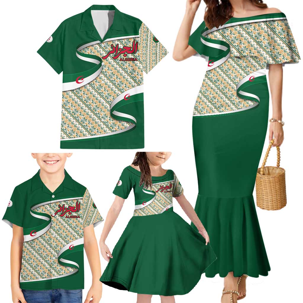 Algeria Family Matching Mermaid Dress and Hawaiian Shirt with Arabic Calligraphy and Traditional Pattern Design