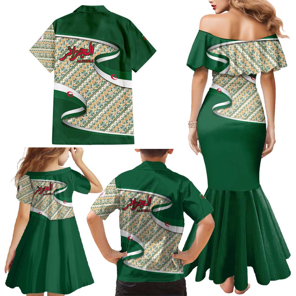 Algeria Family Matching Mermaid Dress and Hawaiian Shirt with Arabic Calligraphy and Traditional Pattern Design