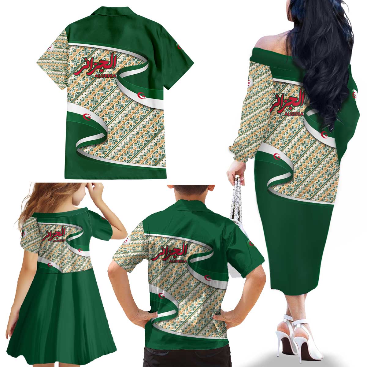 Algeria Family Matching Off The Shoulder Long Sleeve Dress and Hawaiian Shirt with Arabic Calligraphy and Traditional Pattern Design