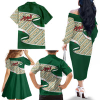 Algeria Family Matching Off The Shoulder Long Sleeve Dress and Hawaiian Shirt with Arabic Calligraphy and Traditional Pattern Design