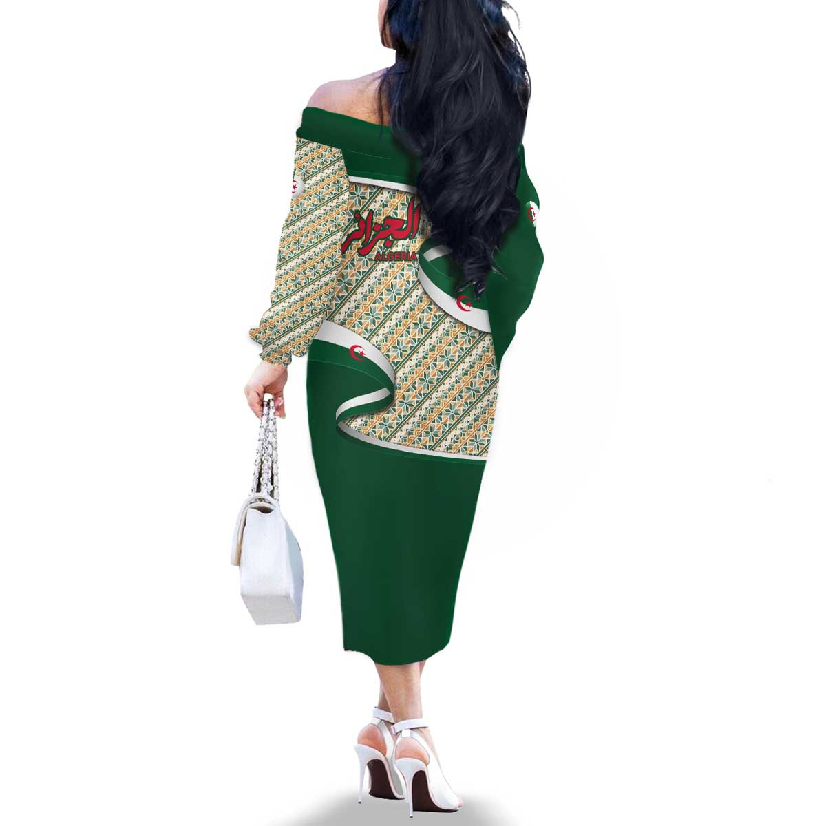 Algeria Family Matching Off The Shoulder Long Sleeve Dress and Hawaiian Shirt with Arabic Calligraphy and Traditional Pattern Design