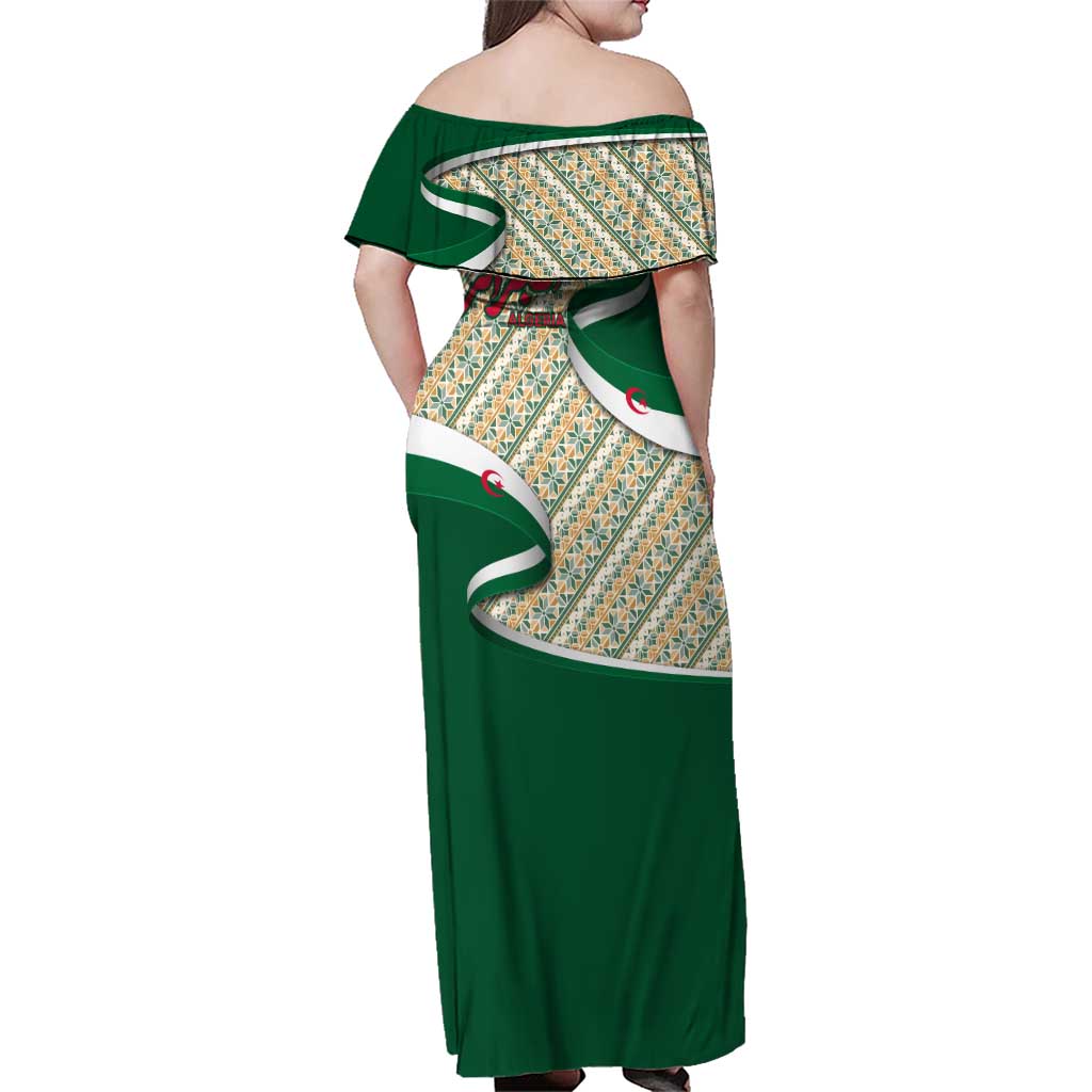 Algeria Family Matching Off Shoulder Maxi Dress and Hawaiian Shirt with Arabic Calligraphy and Traditional Pattern Design