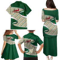 Algeria Family Matching Puletasi and Hawaiian Shirt with Arabic Calligraphy and Traditional Pattern Design