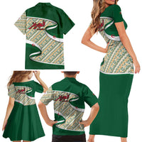 Algeria Family Matching Short Sleeve Bodycon Dress and Hawaiian Shirt with Arabic Calligraphy and Traditional Pattern Design