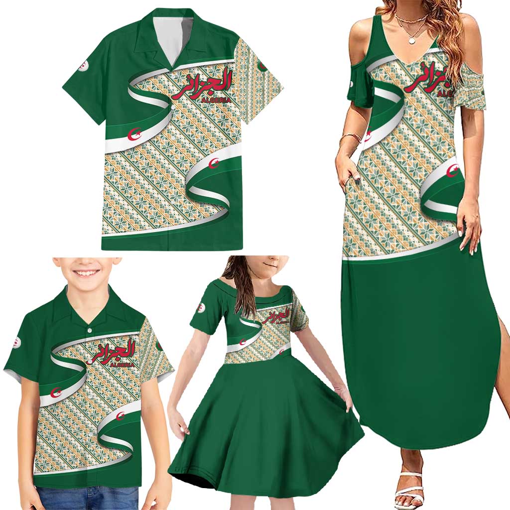 Algeria Family Matching Summer Maxi Dress and Hawaiian Shirt with Arabic Calligraphy and Traditional Pattern Design