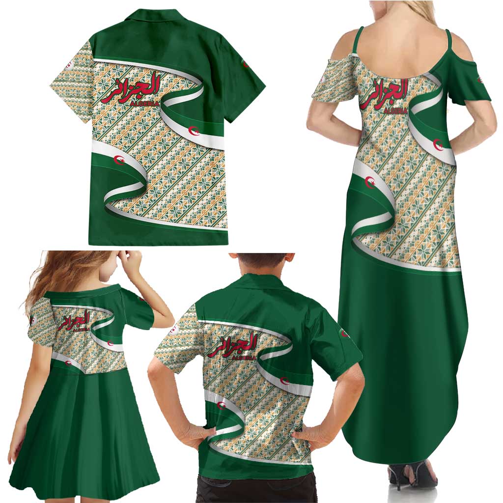 Algeria Family Matching Summer Maxi Dress and Hawaiian Shirt with Arabic Calligraphy and Traditional Pattern Design
