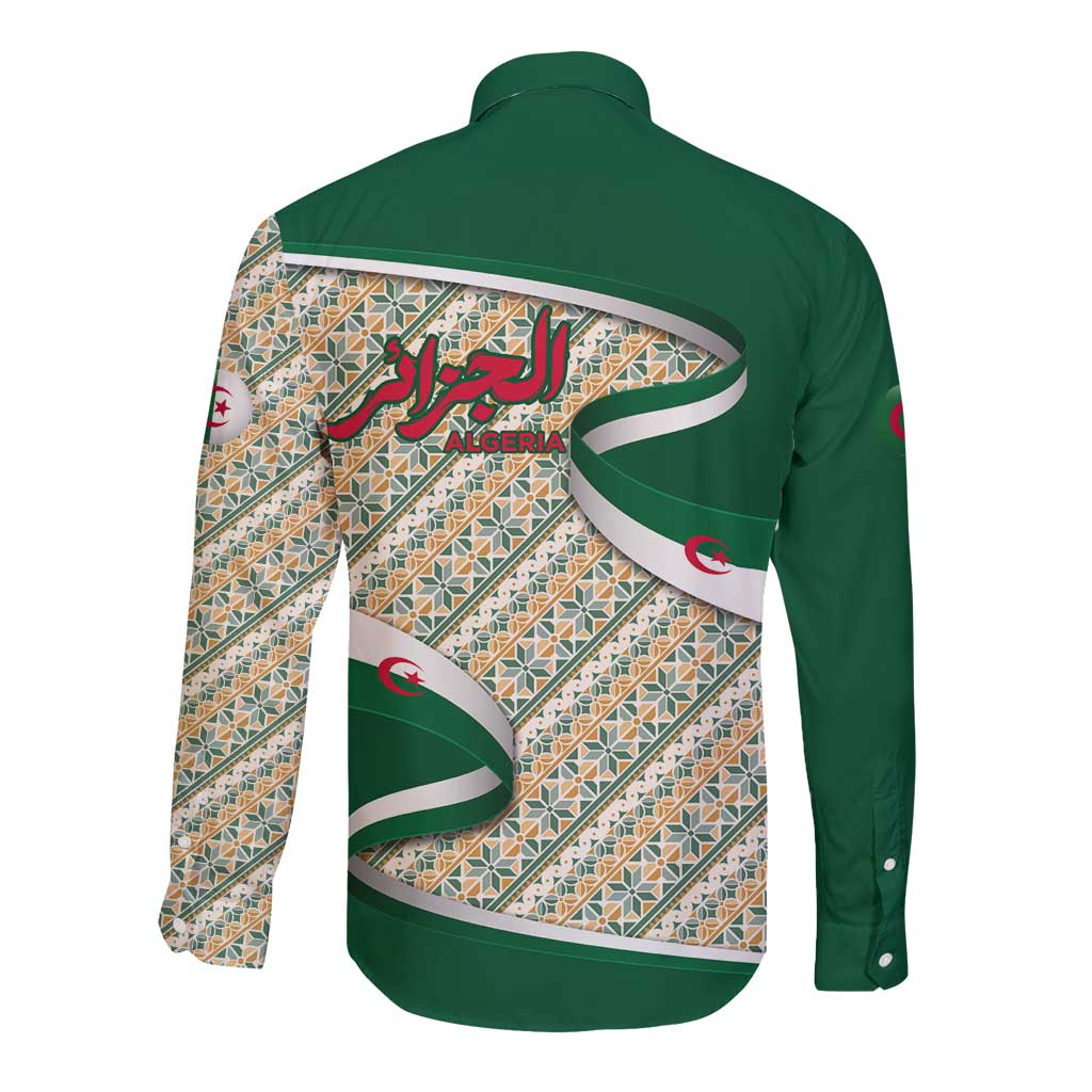 Algeria Long Sleeve Button Shirt with Arabic Calligraphy and Traditional Pattern Design