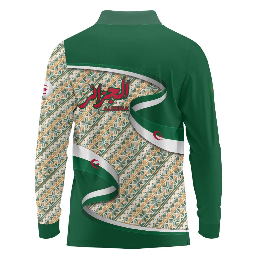 Algeria Long Sleeve Polo Shirt with Arabic Calligraphy and Traditional Pattern Design