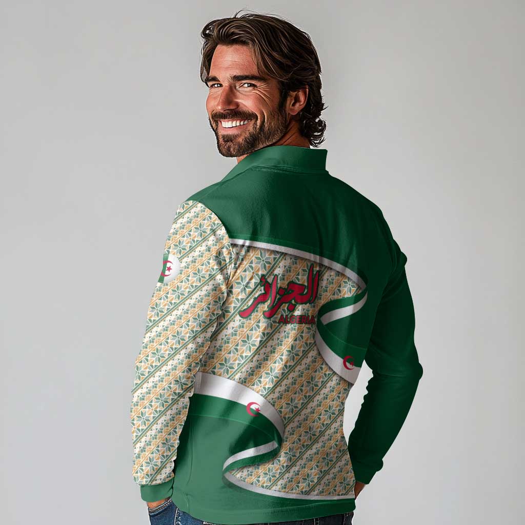 Algeria Long Sleeve Polo Shirt with Arabic Calligraphy and Traditional Pattern Design