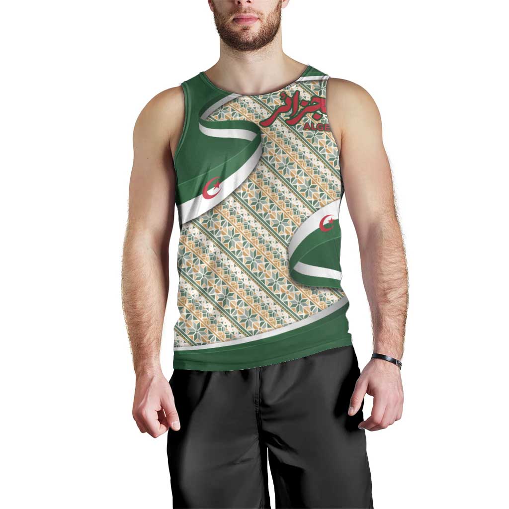 Algeria Men Tank Top with Arabic Calligraphy and Traditional Pattern Design