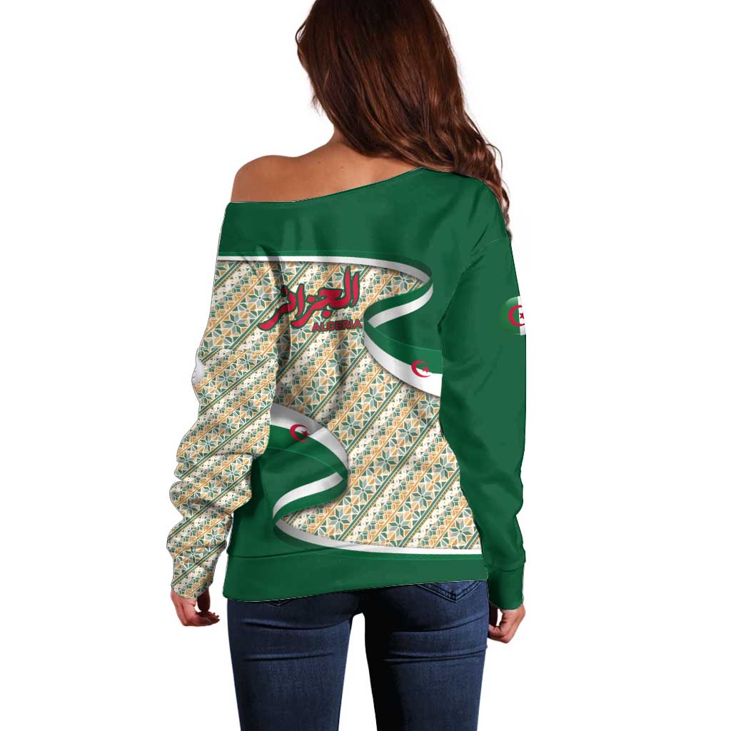 Algeria Off Shoulder Sweater with Arabic Calligraphy and Traditional Pattern Design