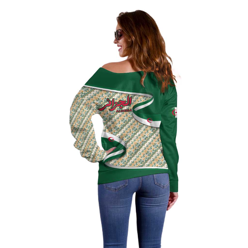 Algeria Off Shoulder Sweater with Arabic Calligraphy and Traditional Pattern Design