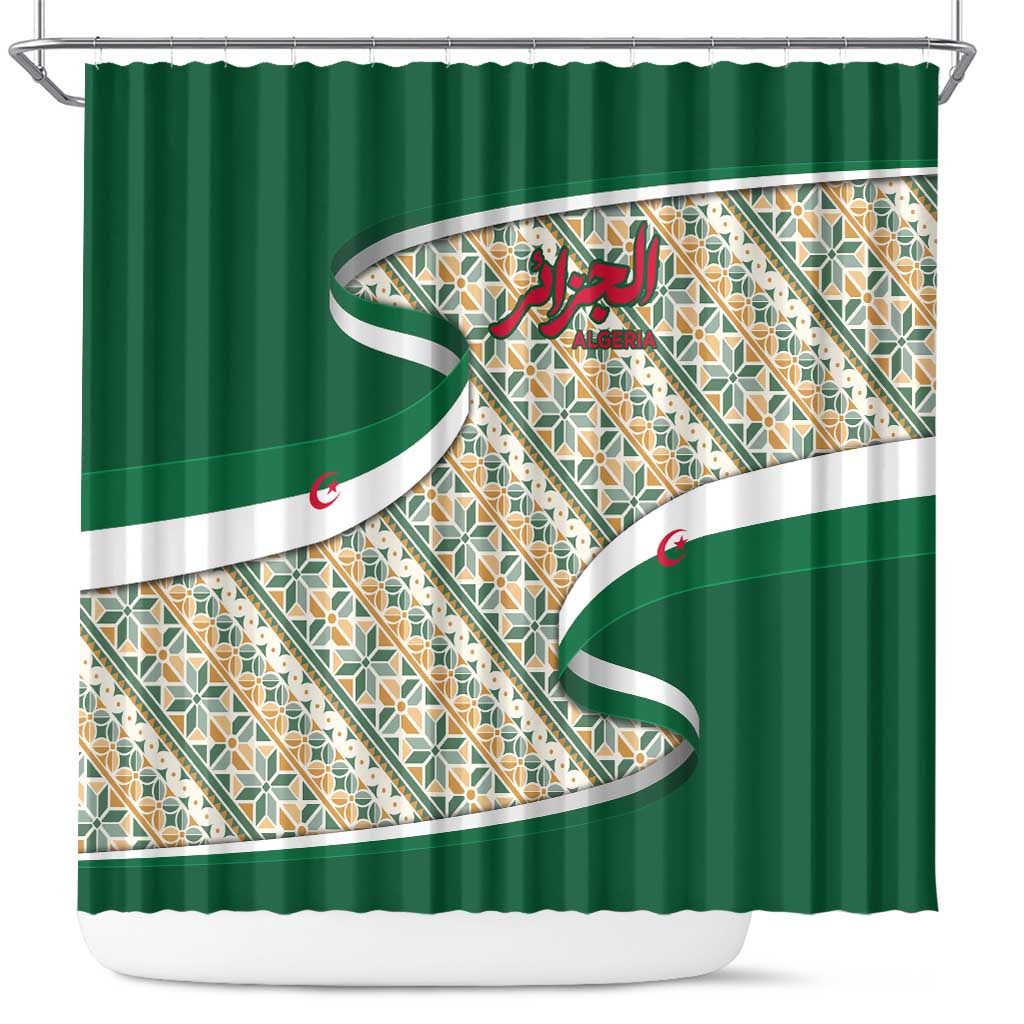 Algeria Shower Curtain with Arabic Calligraphy and Traditional Pattern Design