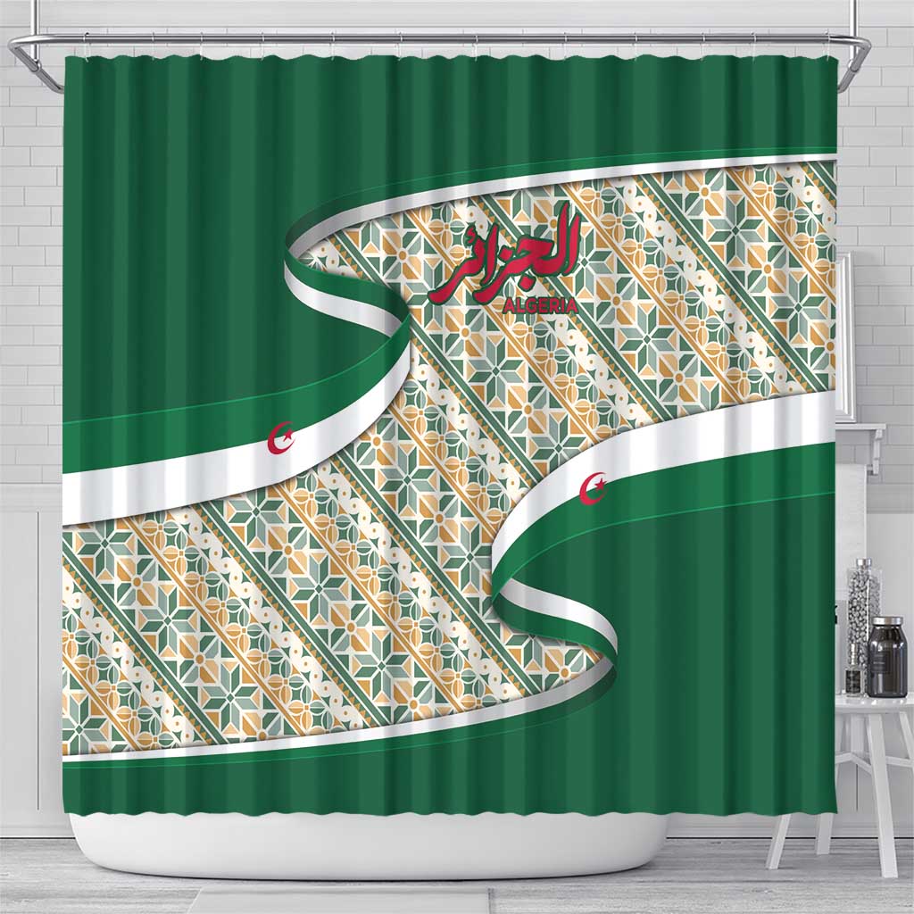 Algeria Shower Curtain with Arabic Calligraphy and Traditional Pattern Design