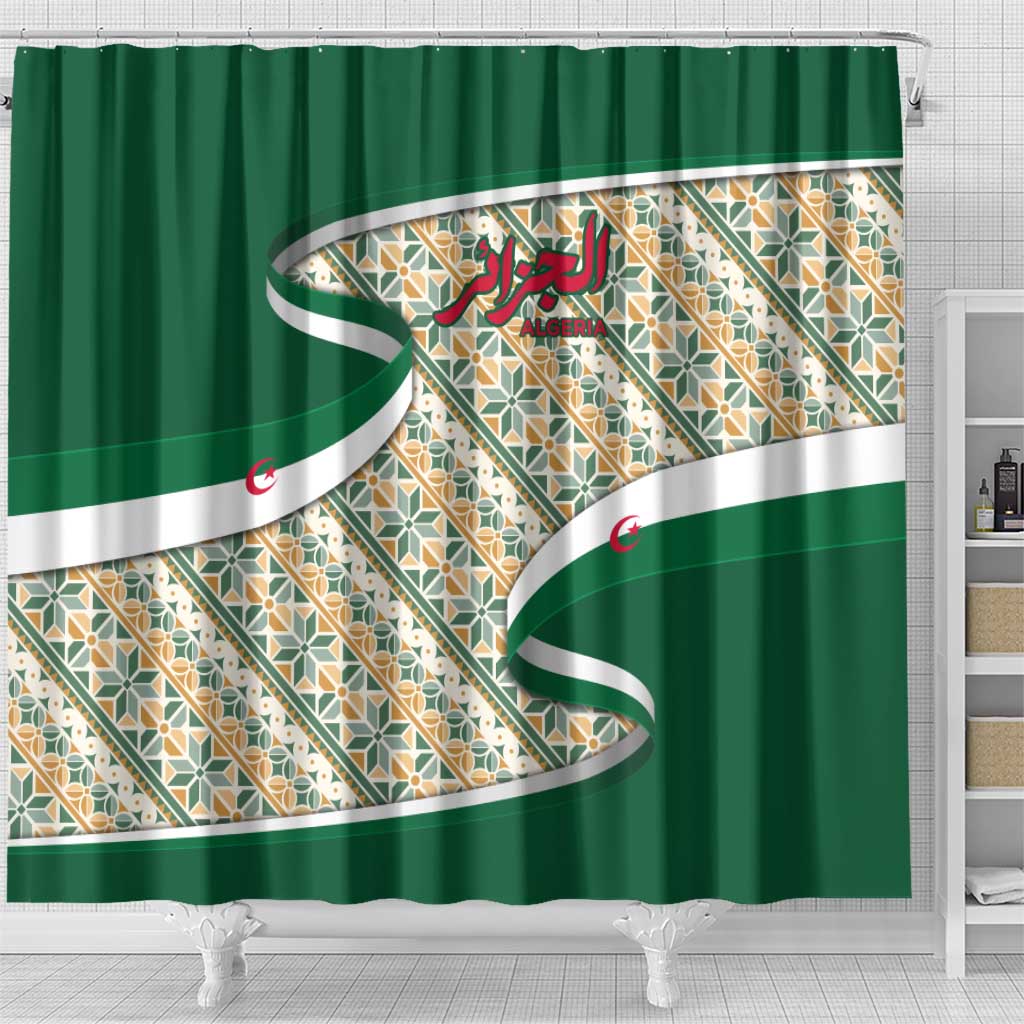 Algeria Shower Curtain with Arabic Calligraphy and Traditional Pattern Design