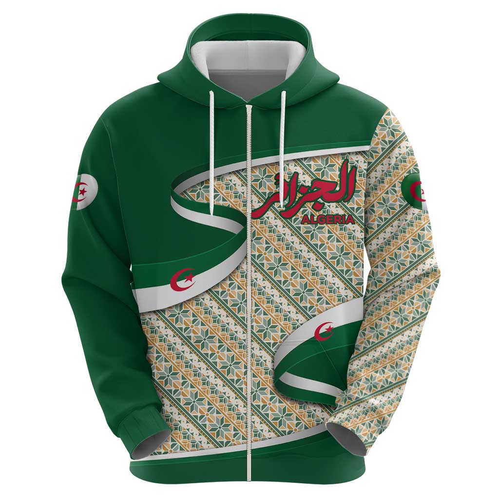 Algeria Zip Hoodie with Arabic Calligraphy and Traditional Pattern Design