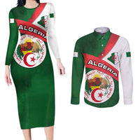 Algeria Couples Matching Long Sleeve Bodycon Dress and Long Sleeve Button Shirt with National Emblem and Map Design