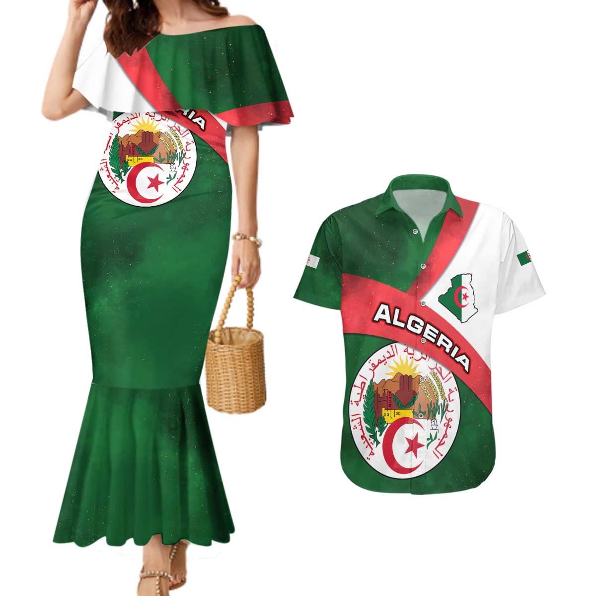 Algeria Couples Matching Mermaid Dress and Hawaiian Shirt with National Emblem and Map Design