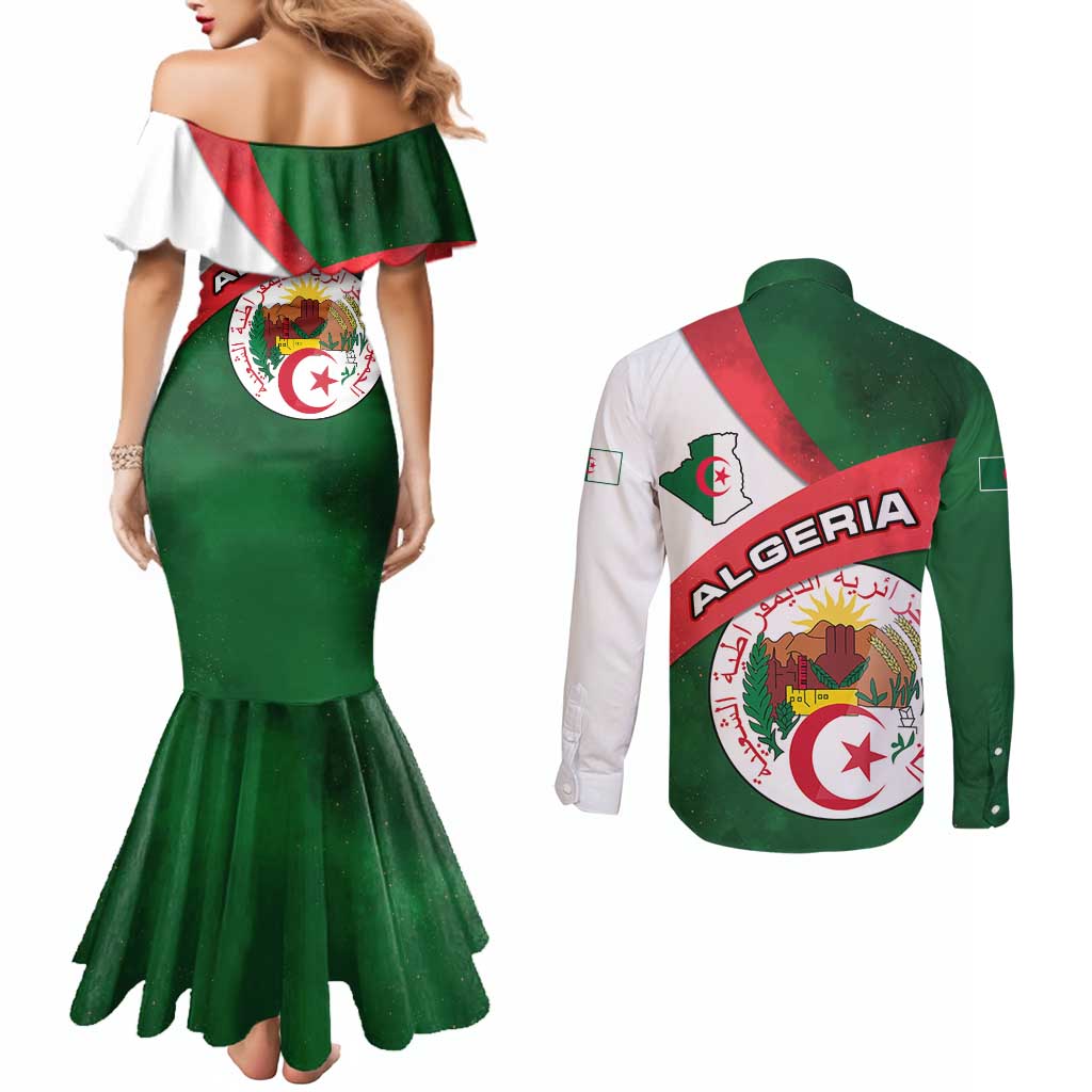 Algeria Couples Matching Mermaid Dress and Long Sleeve Button Shirt with National Emblem and Map Design