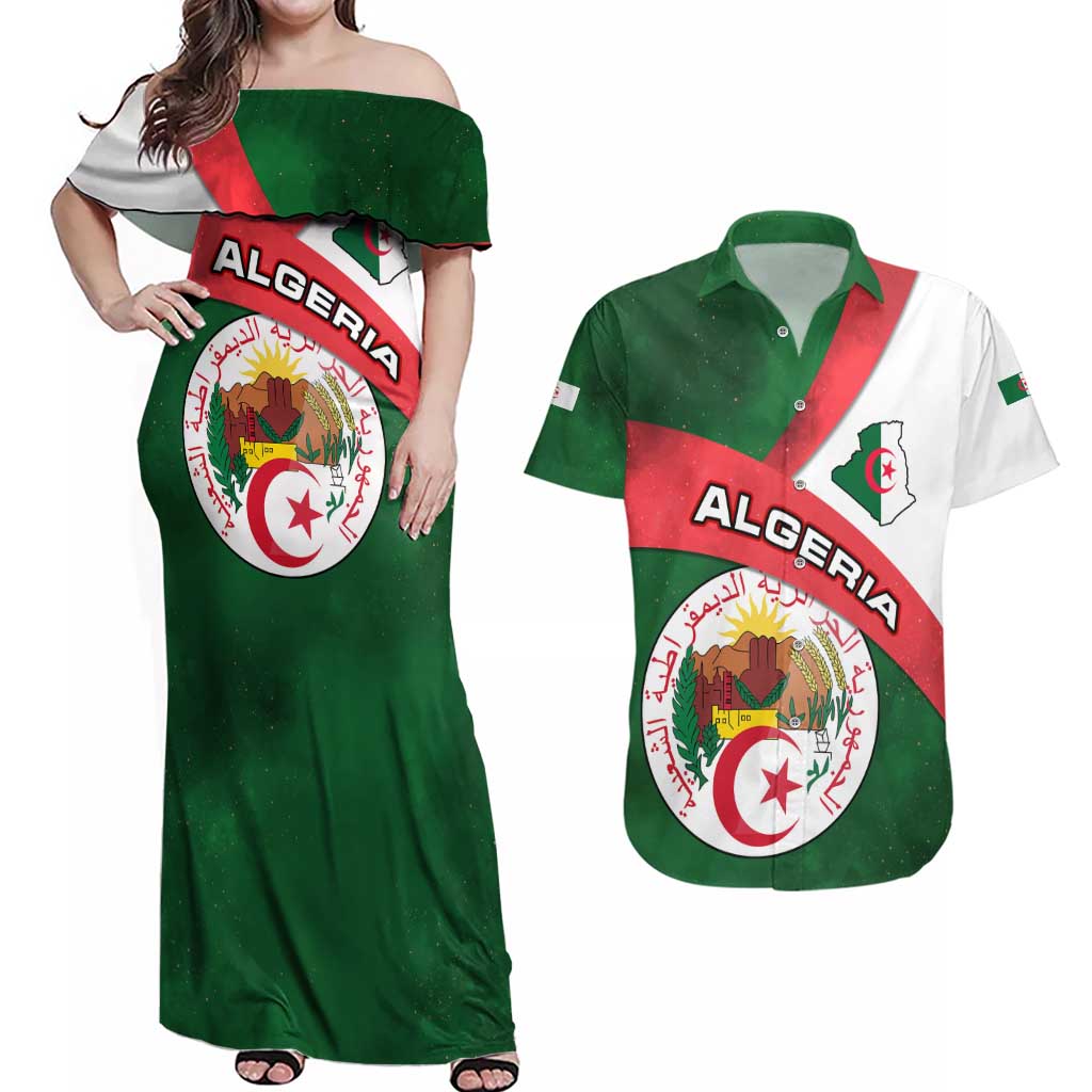 Algeria Couples Matching Off Shoulder Maxi Dress and Hawaiian Shirt with National Emblem and Map Design