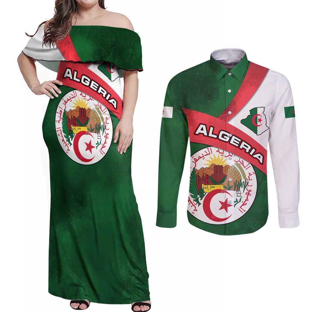 Algeria Couples Matching Off Shoulder Maxi Dress and Long Sleeve Button Shirt with National Emblem and Map Design