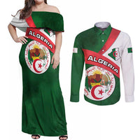Algeria Couples Matching Off Shoulder Maxi Dress and Long Sleeve Button Shirt with National Emblem and Map Design
