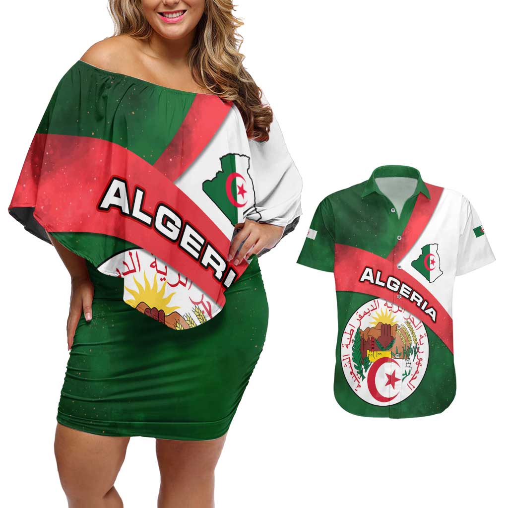 Algeria Couples Matching Off Shoulder Short Dress and Hawaiian Shirt with National Emblem and Map Design