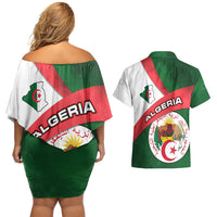 Algeria Couples Matching Off Shoulder Short Dress and Hawaiian Shirt with National Emblem and Map Design