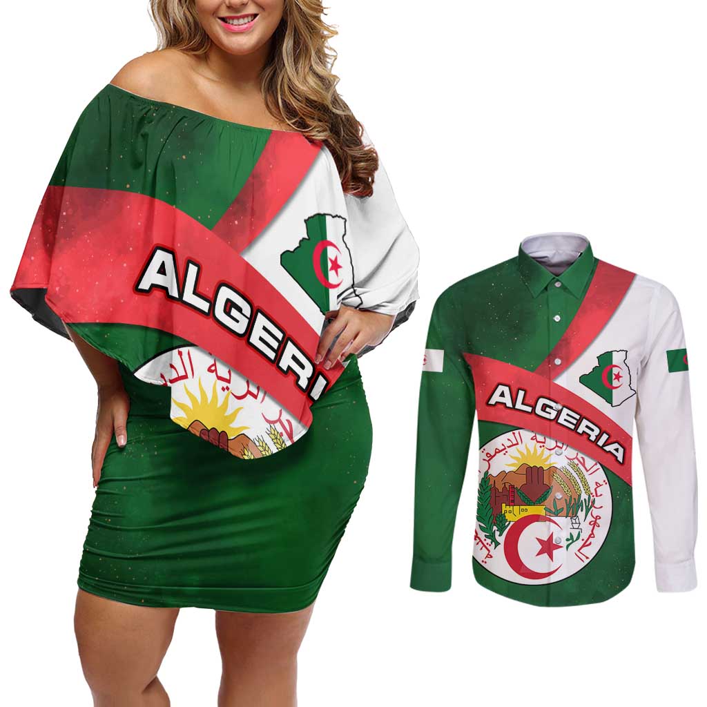 Algeria Couples Matching Off Shoulder Short Dress and Long Sleeve Button Shirt with National Emblem and Map Design