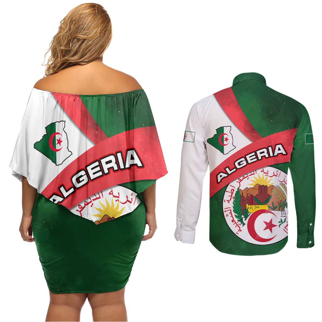 Algeria Couples Matching Off Shoulder Short Dress and Long Sleeve Button Shirt with National Emblem and Map Design