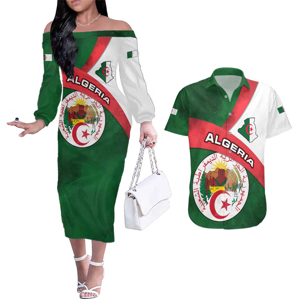 Algeria Couples Matching Off The Shoulder Long Sleeve Dress and Hawaiian Shirt with National Emblem and Map Design